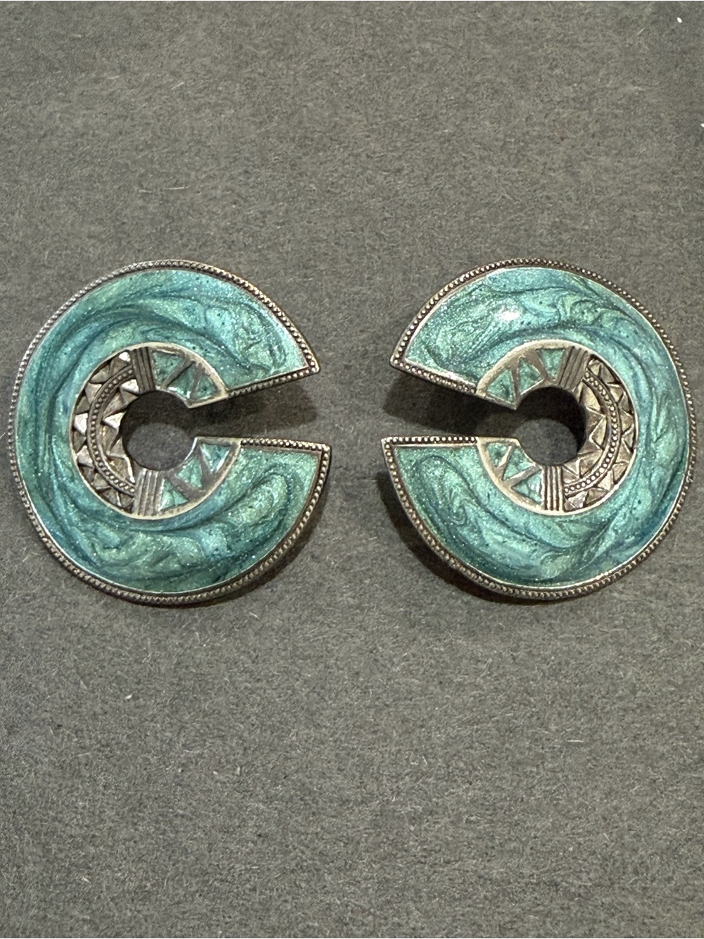 Teal Cloisonne Crescent Statement Earrings 80’s Deco Signed Berebi